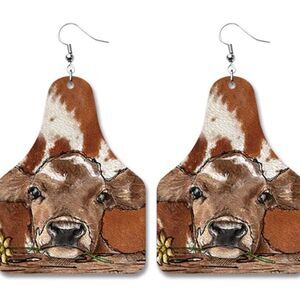 3For$20 Floral Cute Tan Cow Tag Retro Leather Earrings